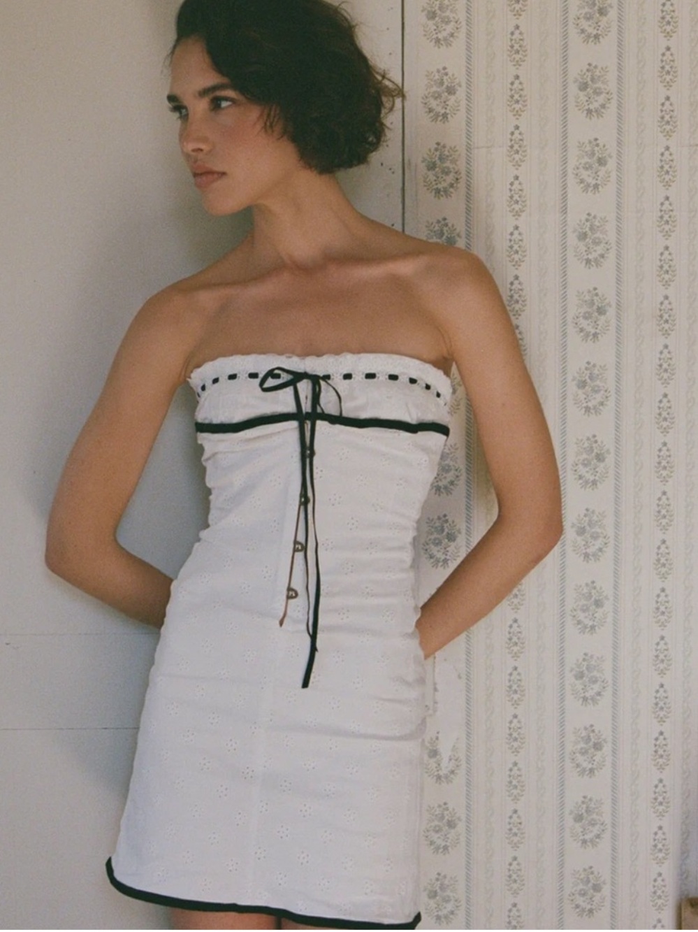 With Jean Sabrin White Embroidered Corset Mini Dress